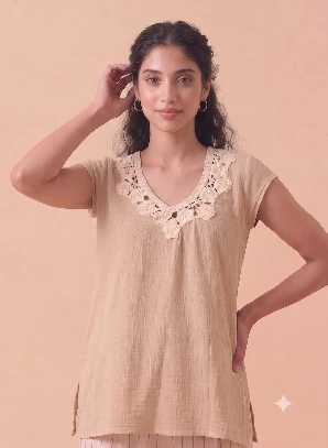 Women's Beige Embroidered V-Neck Top