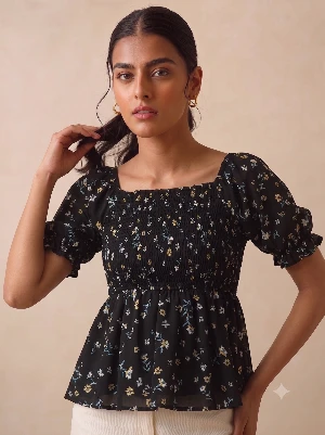Women's Black Floral Print Puff Sleeve Top