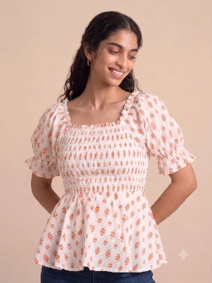 Women's White Ikat Print Peplum Top
