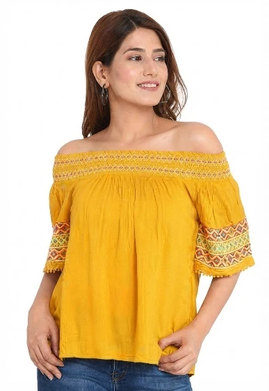 Women's Mustard Embroidered Off-Shoulder Top