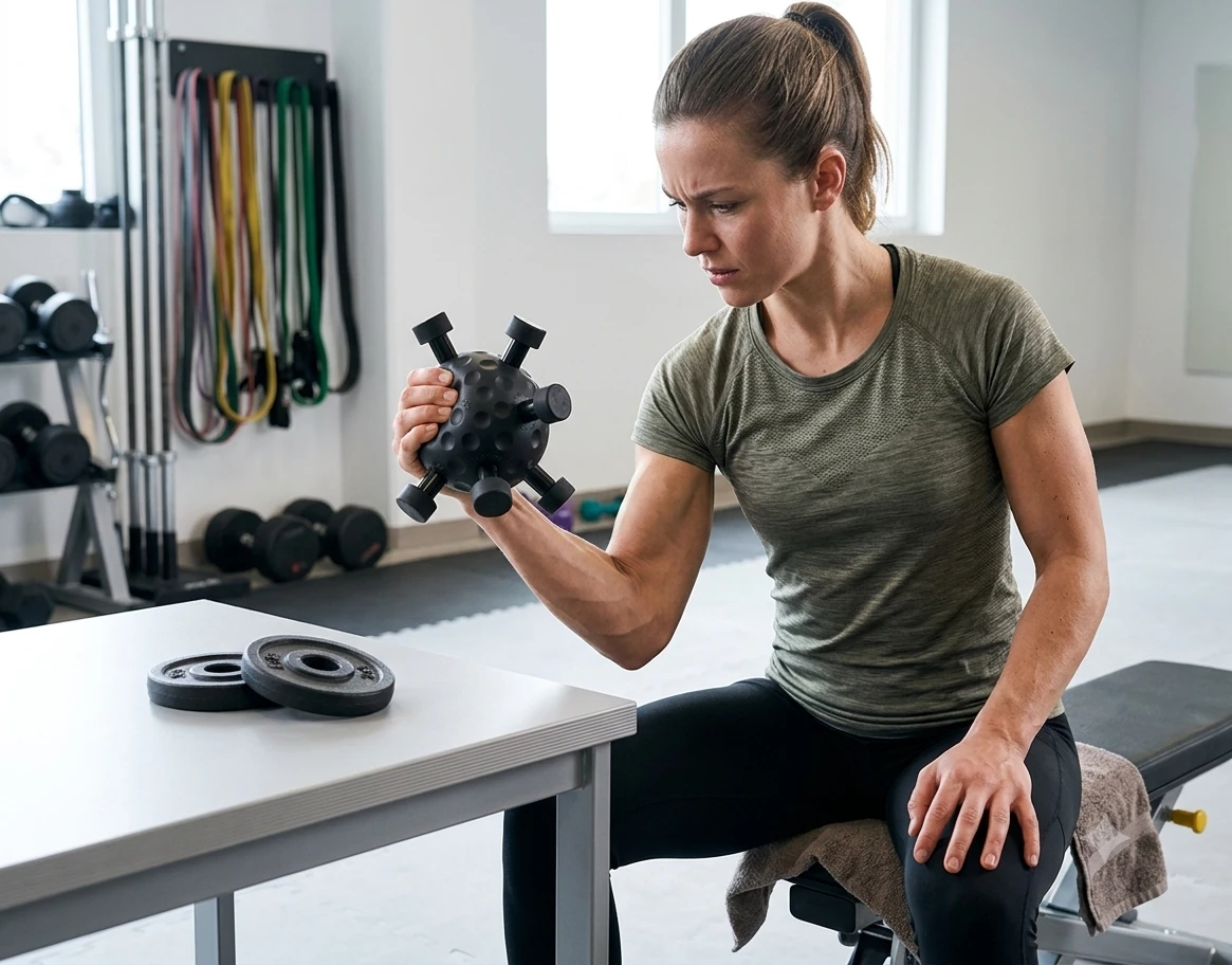 Hand holding a black finger exerciser ball with five spring-loaded finger grips