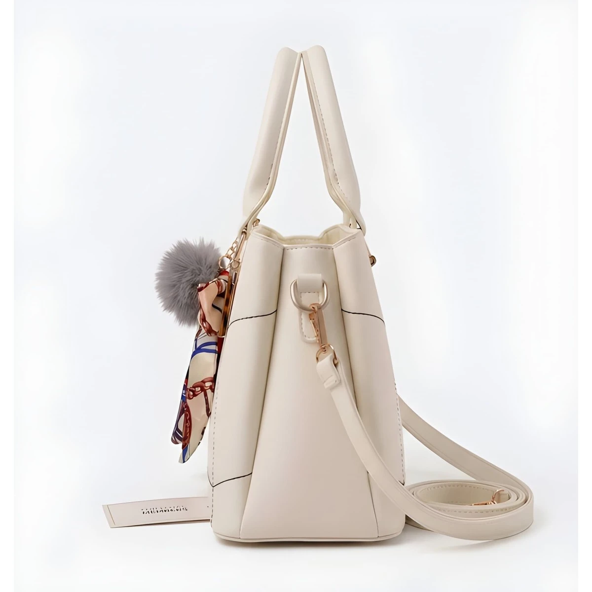 Premium Quality Women's Stylish PU Leather Handbag - Ivory With Scarf Charm view 3