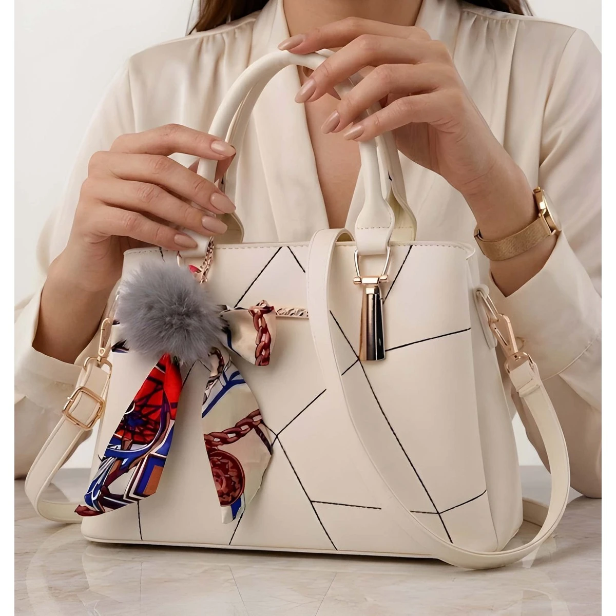 Premium Quality Women's Stylish PU Leather Handbag - Ivory With Scarf Charm view 4
