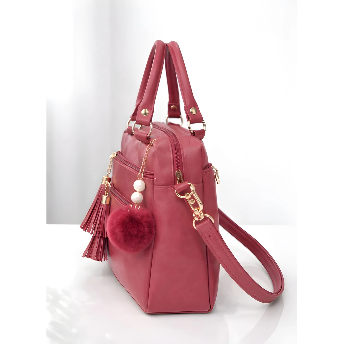 Premium Quality Women's Stylish PU Leather Handbag - Maroon Satchel Style view 2