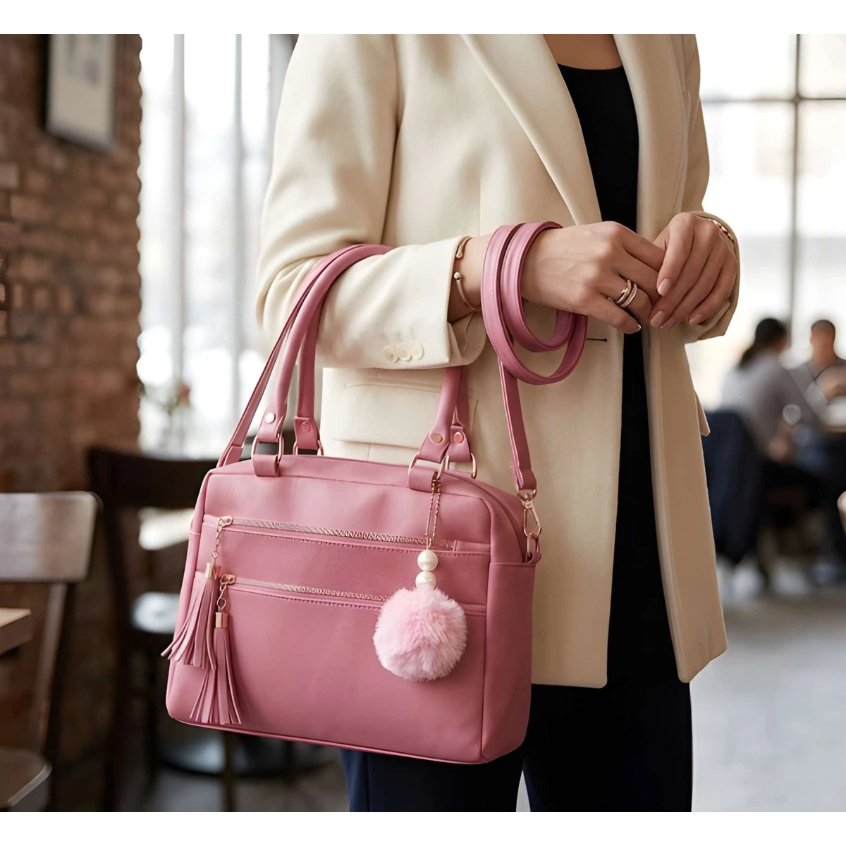 Premium Quality Women's Stylish PU Leather Handbag - Rose Pink Satchel Style view 2