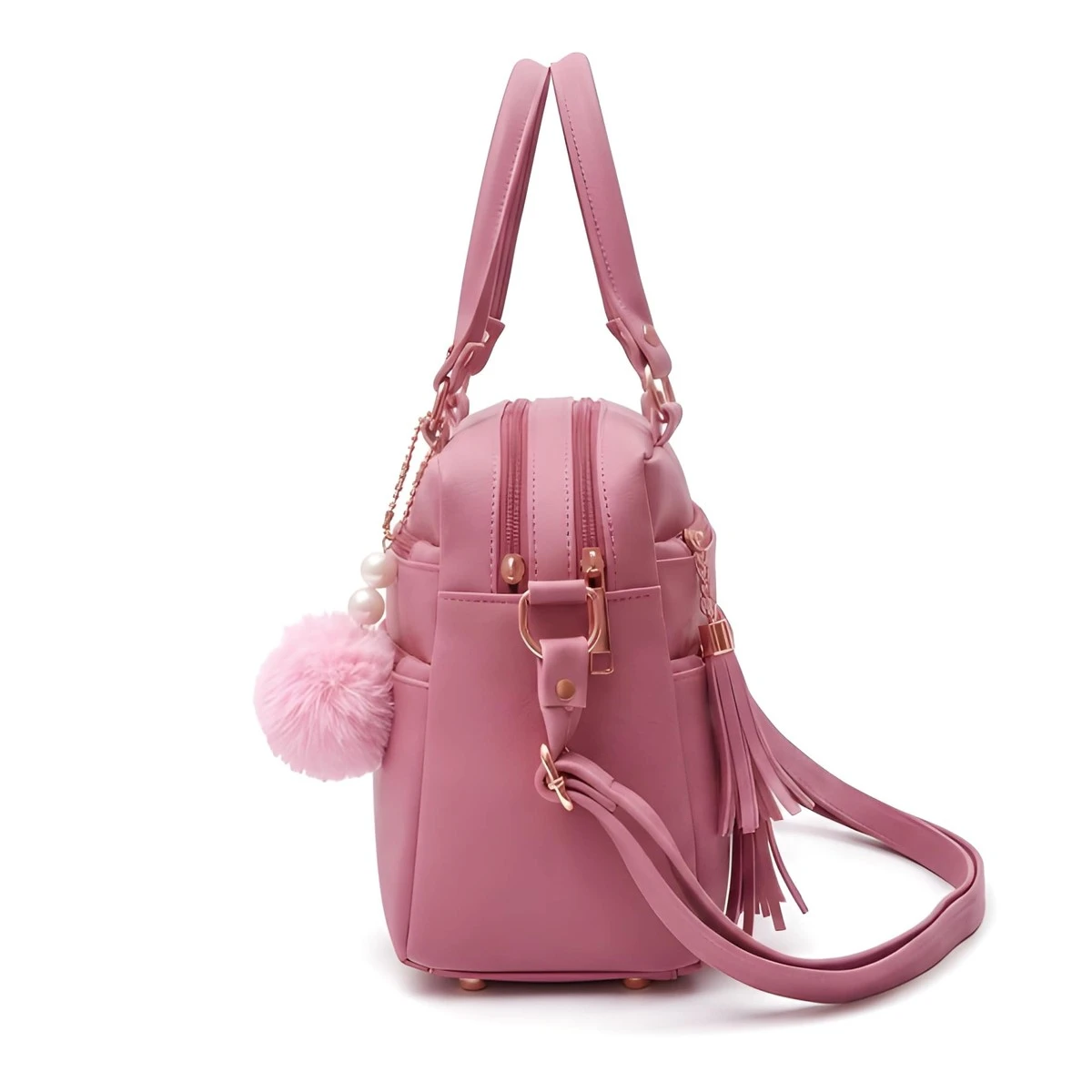 Premium Quality Women's Stylish PU Leather Handbag - Rose Pink Satchel Style view 3