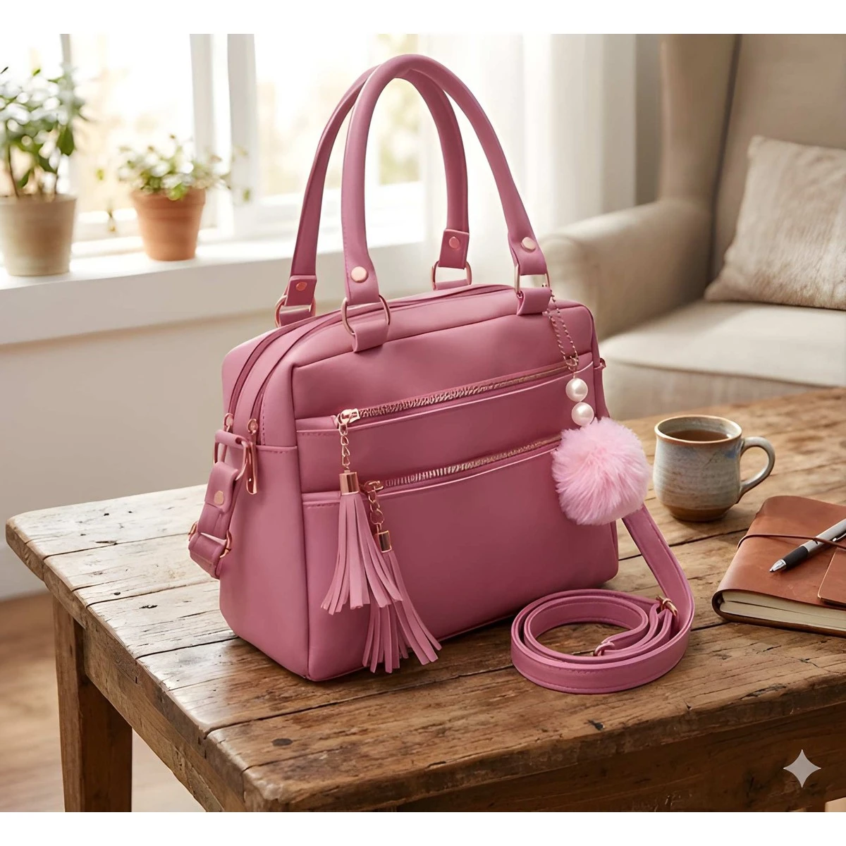 Premium Quality Women's Stylish PU Leather Handbag - Rose Pink Satchel Style view 5
