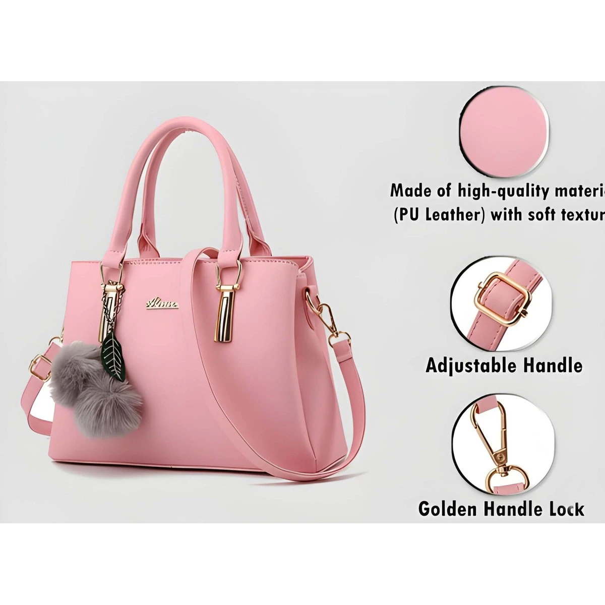 Premium Quality Women's Stylish PU Leather Handbag - Light Pink Smooth Tote view 3