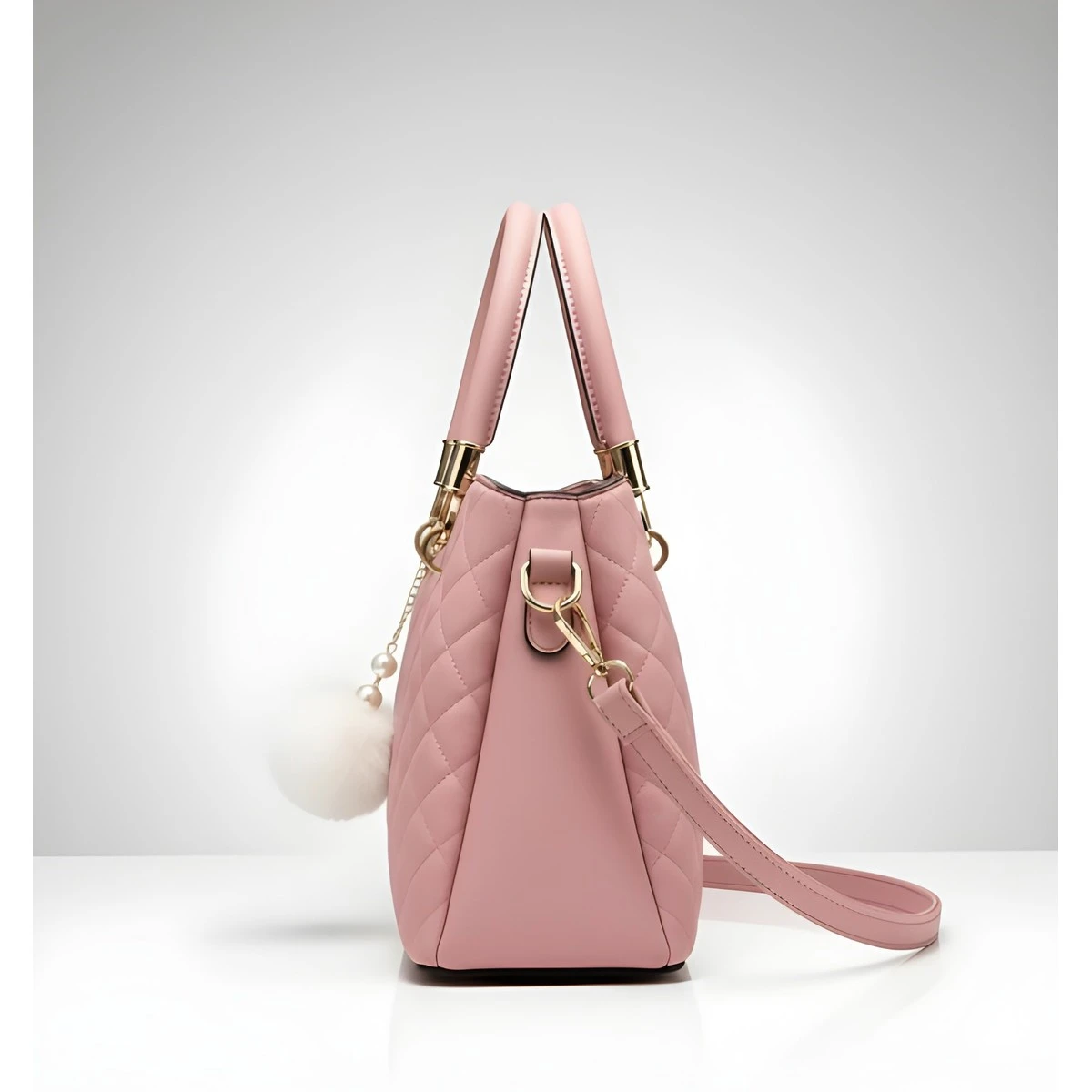 Premium Quality Women's Stylish PU Leather Handbag - Pink Quilted Tote view 3