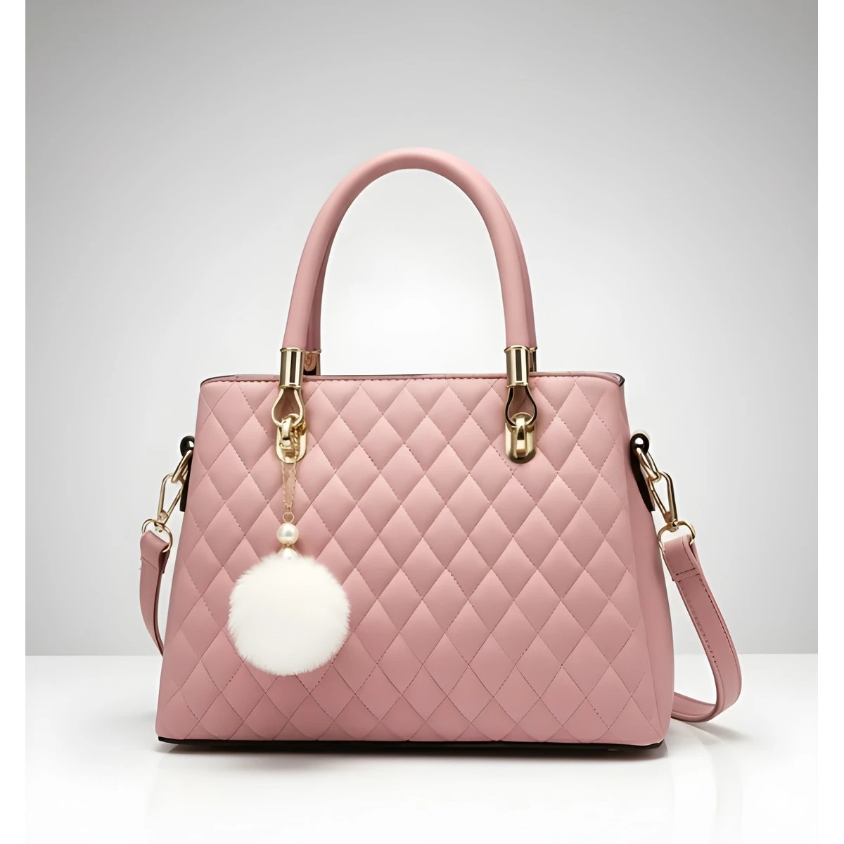 Premium Quality Women's Stylish PU Leather Handbag - Pink Quilted Tote view 4