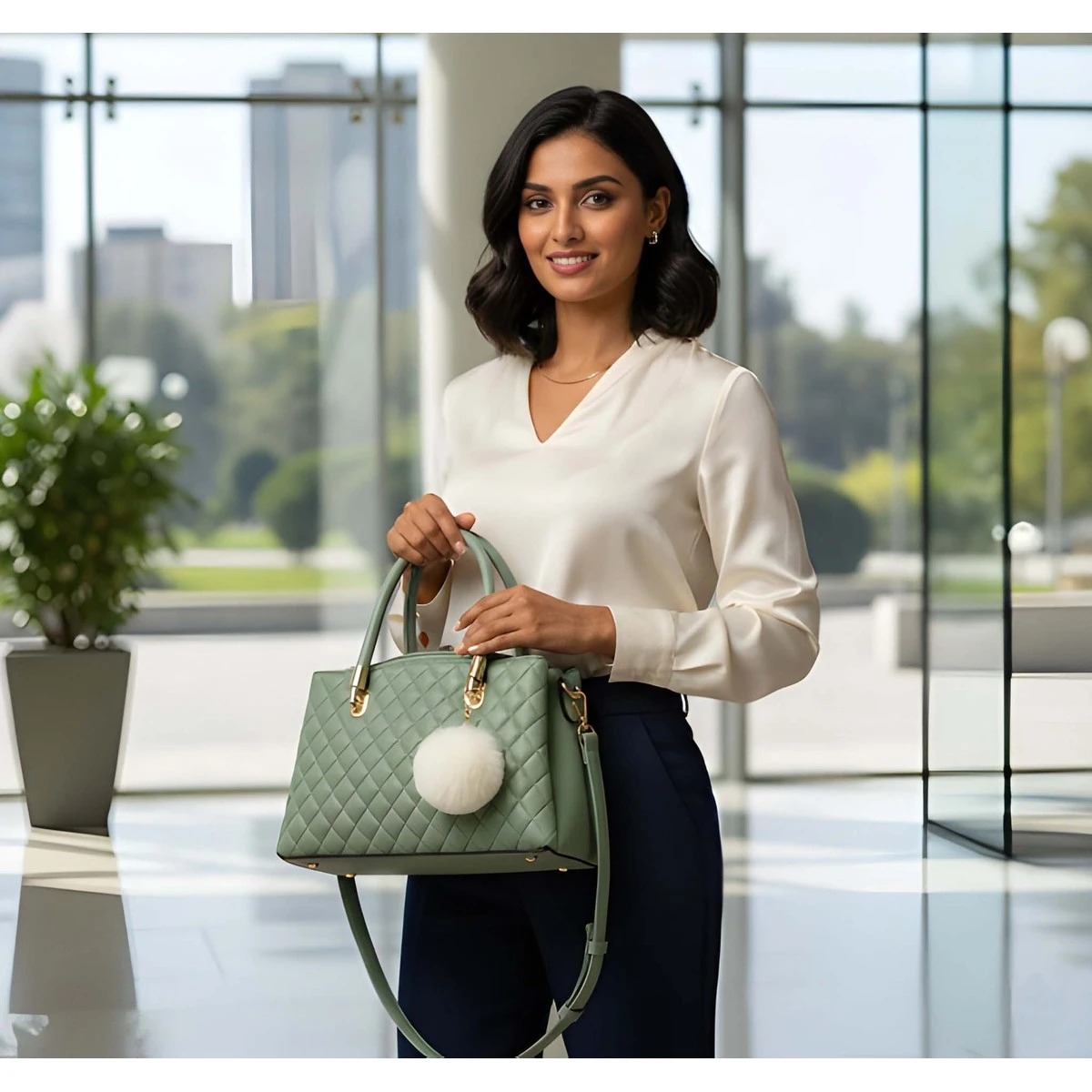 Premium Quality Women's Stylish PU Leather Handbag - Sage Green Quilted Tote view 2
