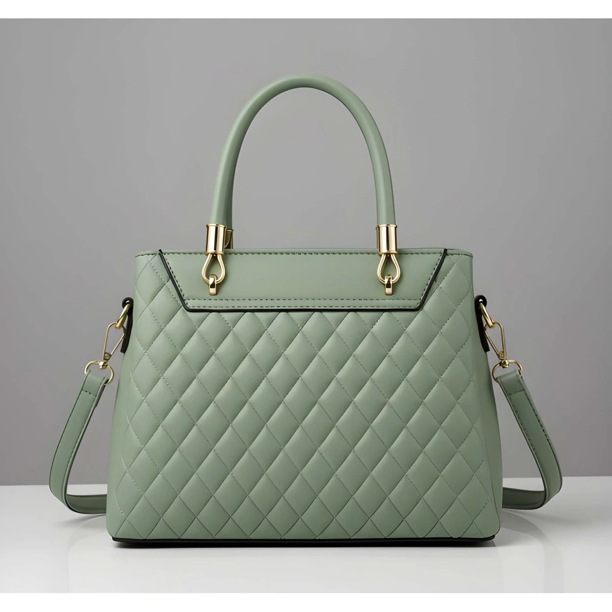 Premium Quality Women's Stylish PU Leather Handbag - Sage Green Quilted Tote view 3