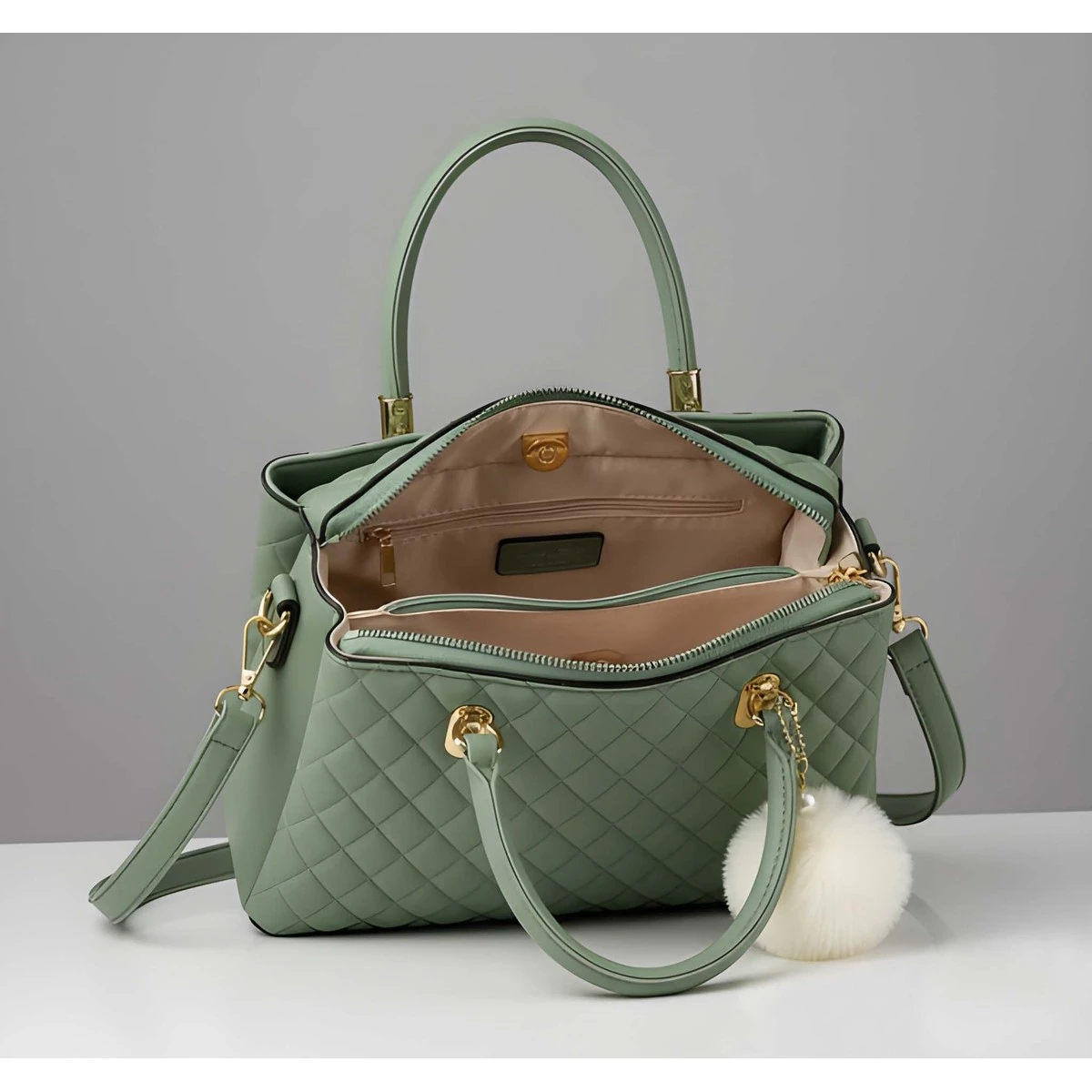 Premium Quality Women's Stylish PU Leather Handbag - Sage Green Quilted Tote view 4
