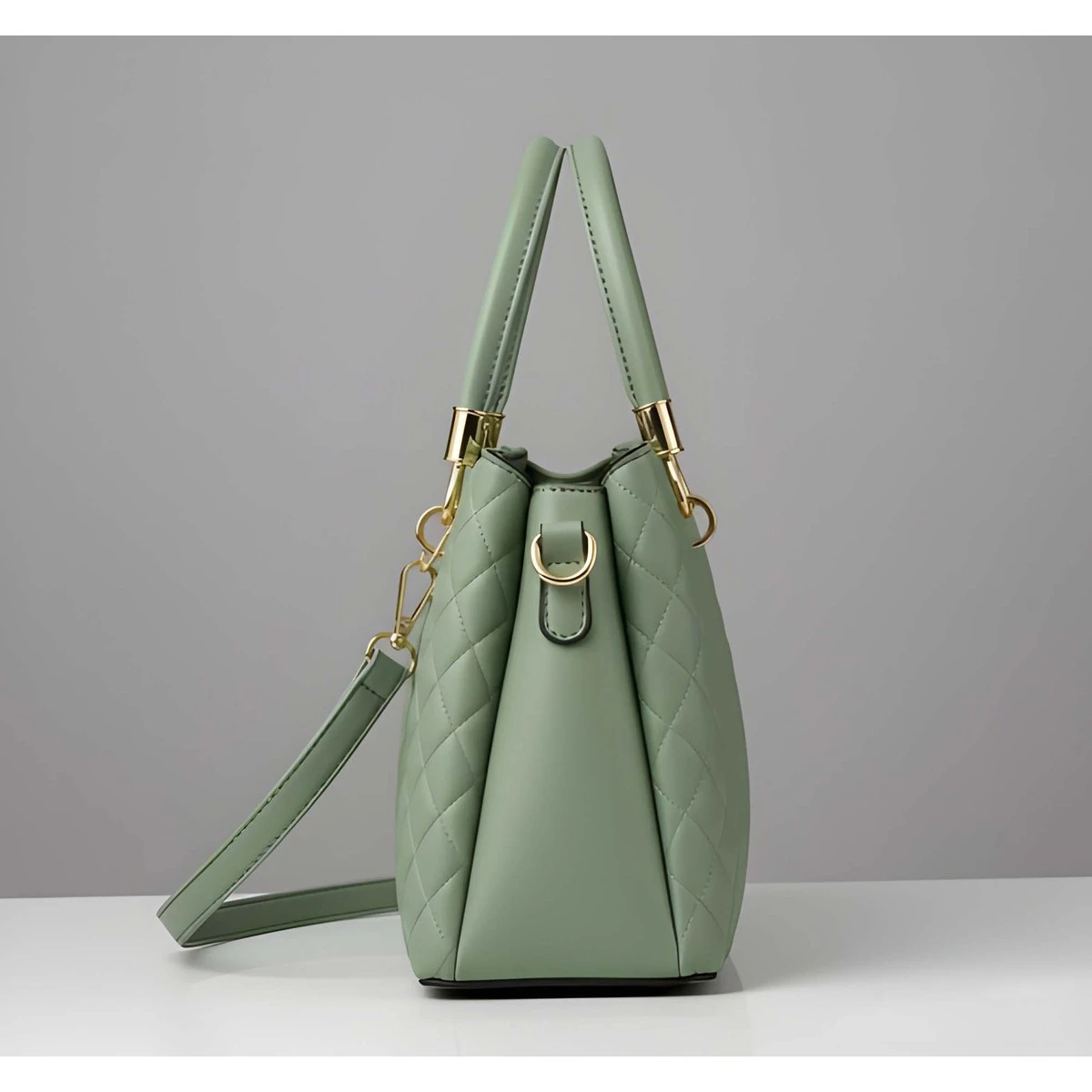 Premium Quality Women's Stylish PU Leather Handbag - Sage Green Quilted Tote view 5