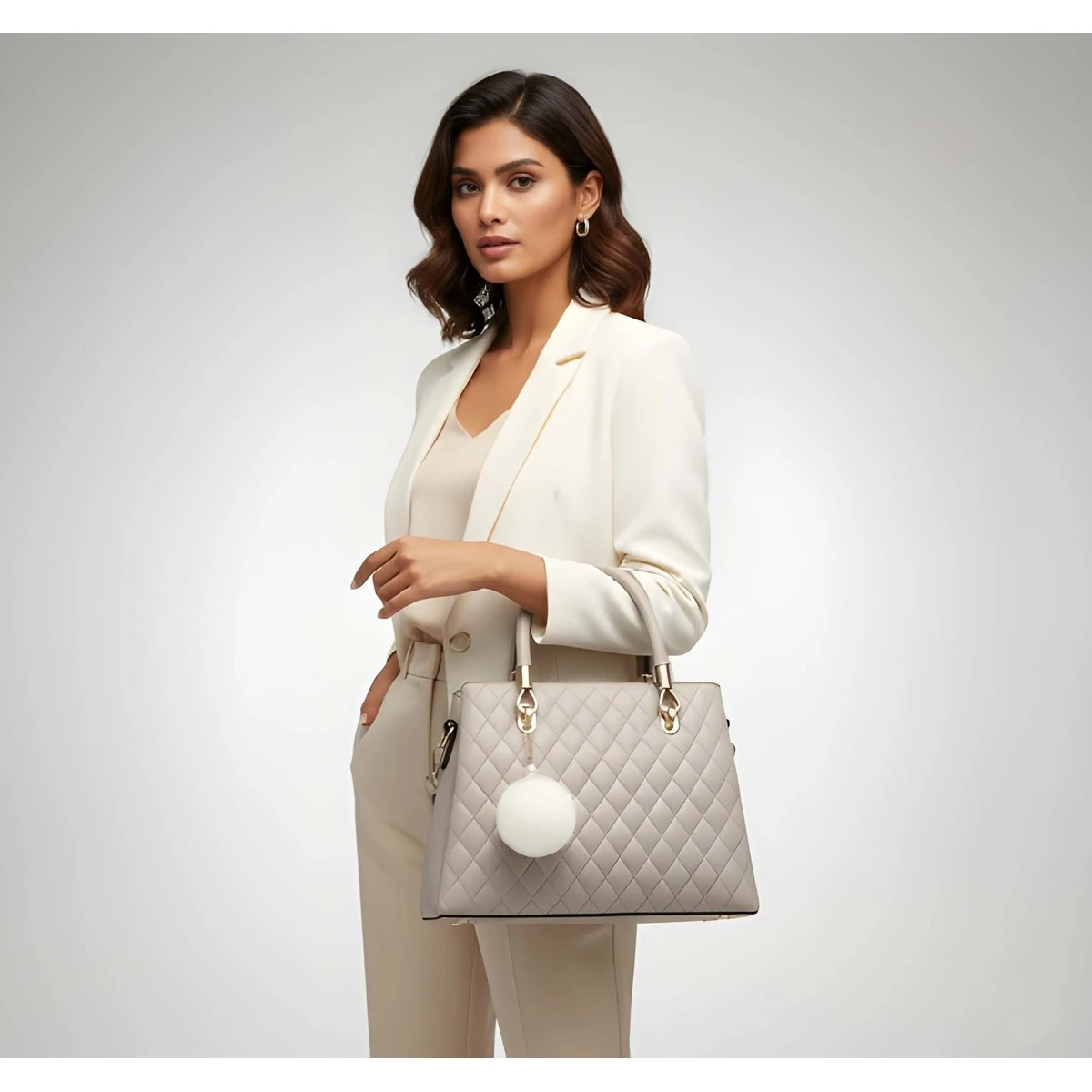Premium Quality Women's Stylish PU Leather Handbag - Beige Quilted Tote view 2