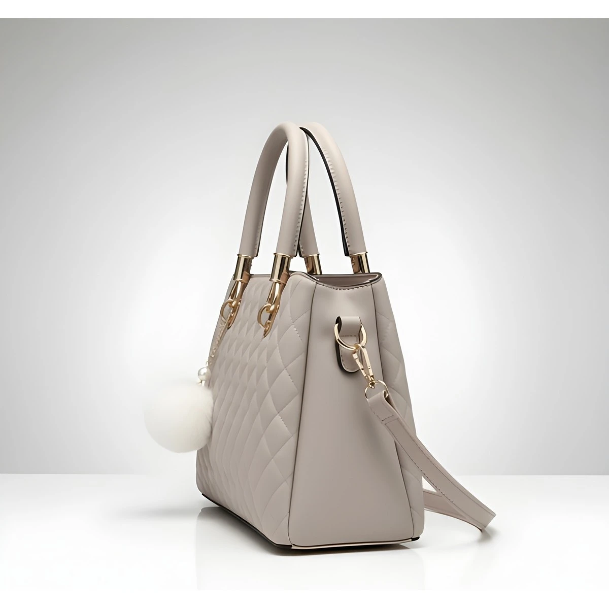 Premium Quality Women's Stylish PU Leather Handbag - Beige Quilted Tote view 3