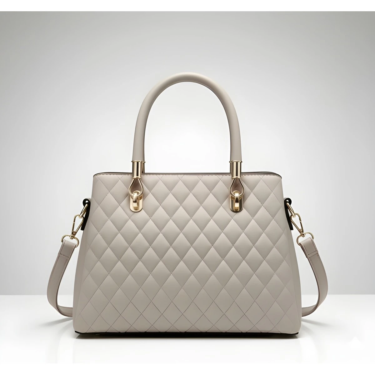 Premium Quality Women's Stylish PU Leather Handbag - Beige Quilted Tote view 4