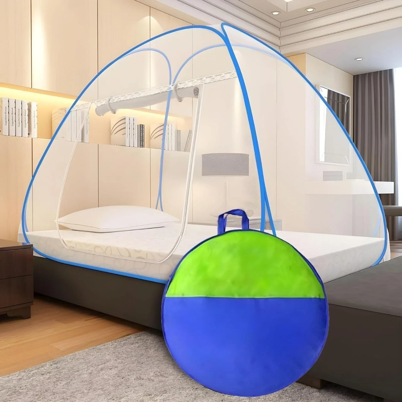 Mosquito Net Double Bed King Size - White, Blue, Foldable view 1