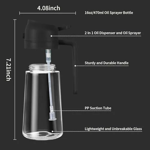 Glass Oil Sprayer Dispenser Bottle, 500ML - 500ml, Black view 3