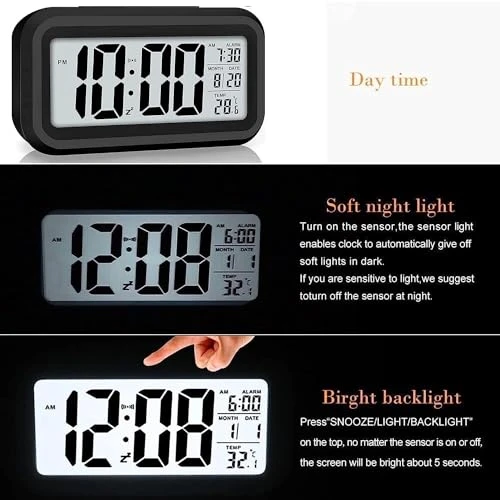 Digital Alarm Clock Automatic Sensor, Date - Black view 6