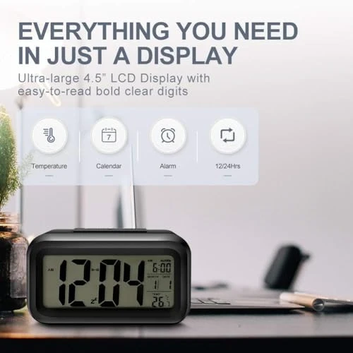 Digital Alarm Clock Automatic Sensor, Date - Black view 7