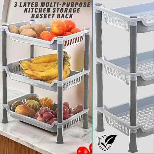 Plastic 3 Layer Multi-Purpose Kitchen Storage - Grey, Plastic view 6