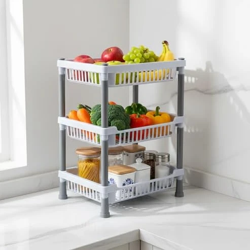 Plastic 3 Layer Multi-Purpose Kitchen Storage - Grey, Plastic view 7