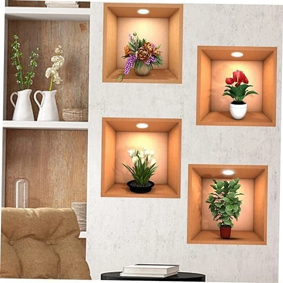 Simulation Green Plant Potted 3D Wall Sticker - Pack of 4, Green, Waterproof view 4