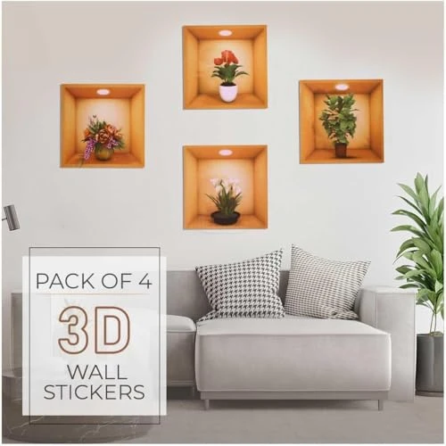 Simulation Green Plant Potted 3D Wall Sticker - Pack of 4, Green, Waterproof view 3