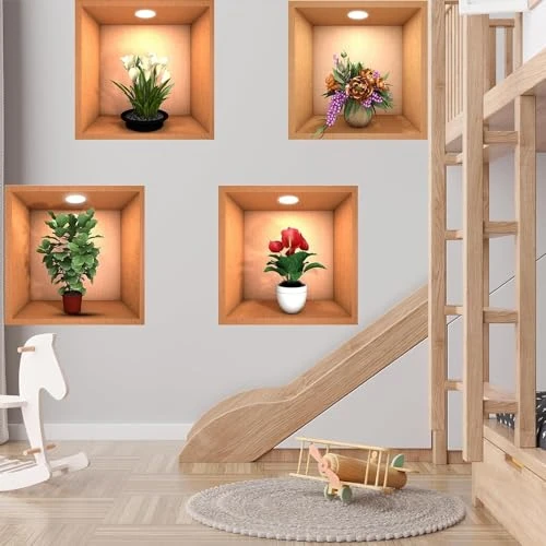Simulation Green Plant Potted 3D Wall Sticker - Pack of 4, Green, Waterproof view 5
