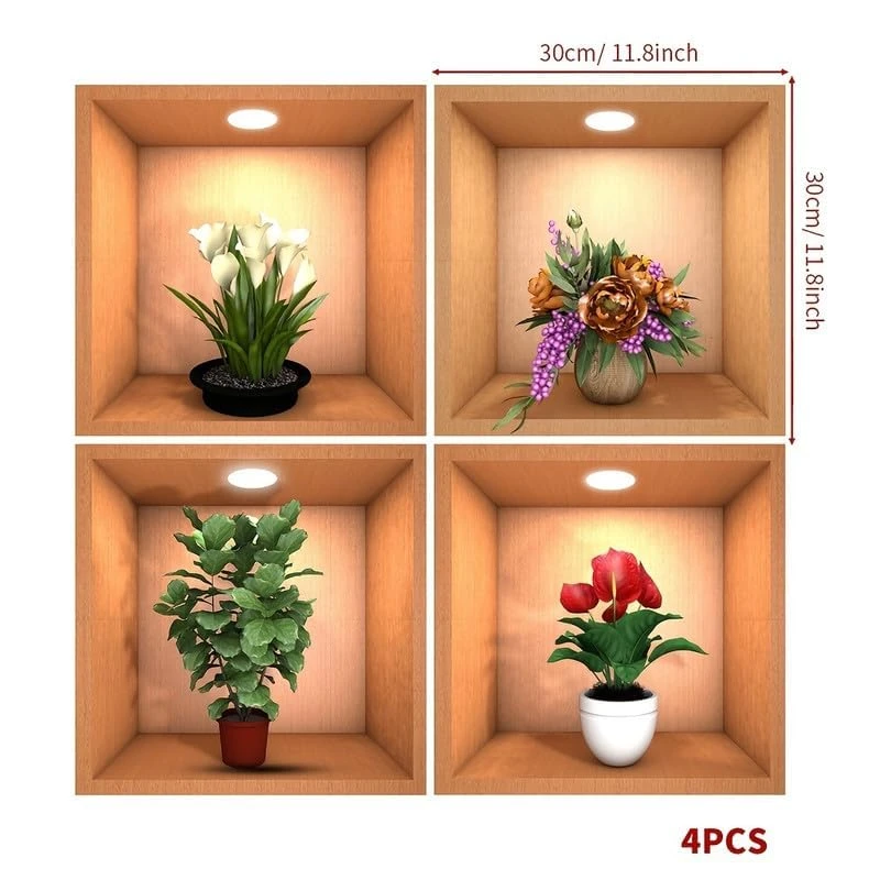 Simulation Green Plant Potted 3D Wall Sticker - Pack of 4, Green, Waterproof view 6