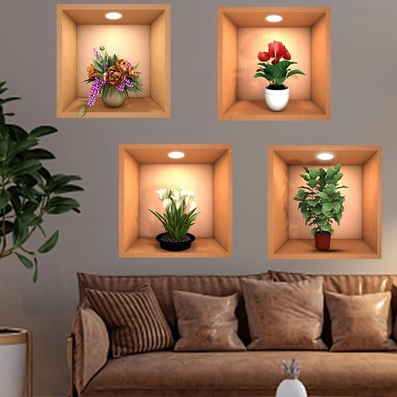 Simulation Green Plant Potted 3D Wall Sticker - Pack of 4, Green, Waterproof view 7