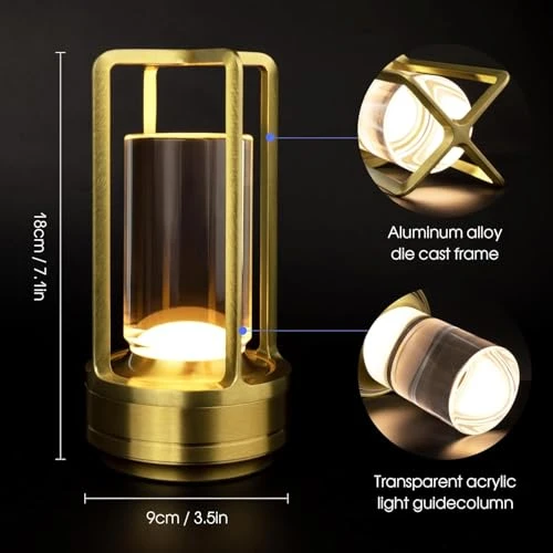 Cordless Table Lamp Indoor, Portable Metal - Gold, Portable, Rechargeable view 2