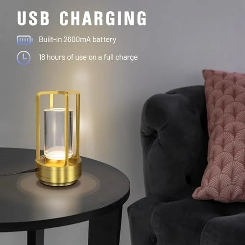 Cordless Table Lamp Indoor, Portable Metal - Gold, Portable, Rechargeable view 4