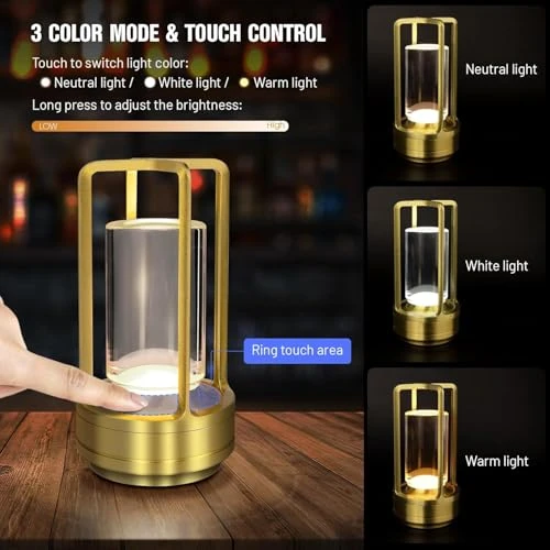 Cordless Table Lamp Indoor, Portable Metal - Gold, Portable, Rechargeable view 6