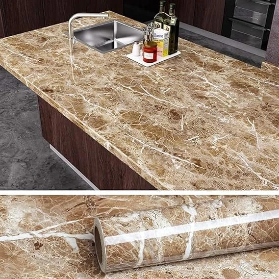 Design Studio Marble Waterproof Oil Proof Wall Paper Furniture Kitchen, Cabinets, Almirah, Tabletop, Plastic Table, Wooden Table, Wardrobe,PVC DIY Self Adhesive Sticker (60x200 cm) (Lite Brown Marble) view 1