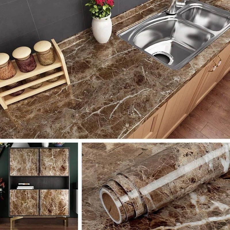 Design Studio Marble Waterproof Oil Proof Wall Paper Furniture Kitchen, Cabinets, Almirah, Tabletop, Plastic Table, Wooden Table, Wardrobe,PVC DIY Self Adhesive Sticker (60x200 cm) (Lite Brown Marble) view 2