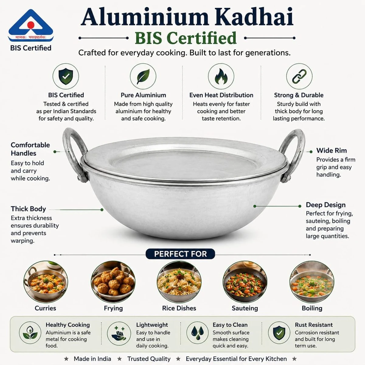 iINTELLIGENCEi Aluminium Kadhai with Lid, BIS, 32.5 x 27.5 x 10 cm, 1 Qty view 2