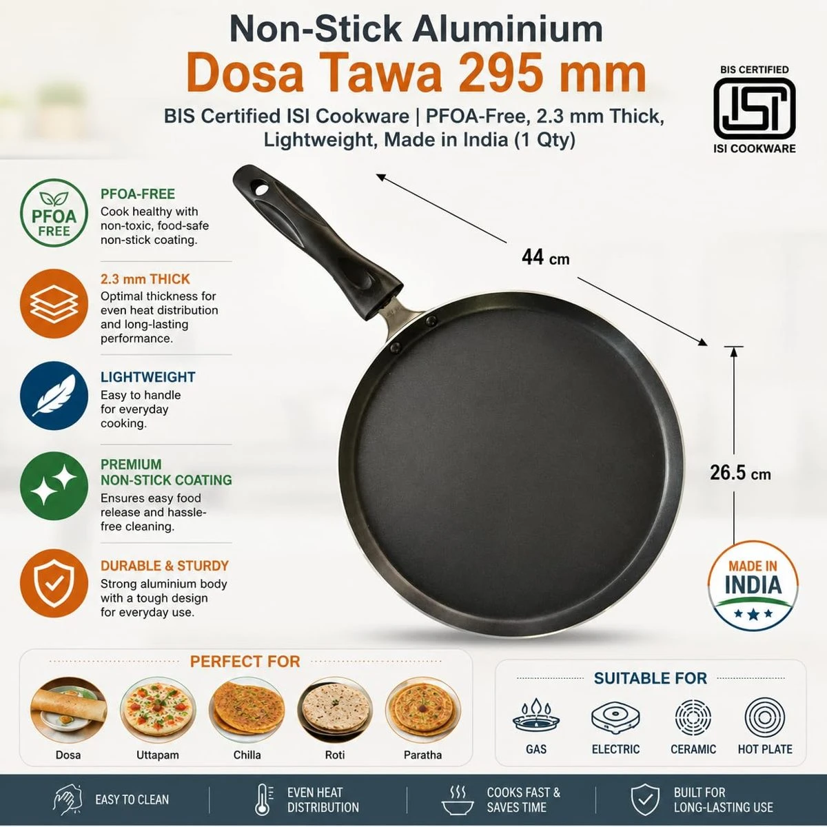 iINTELLIGENCEi Aluminium Non-Stick Dosa Tawa with Handle, 29 cm, 1 Qty view 2