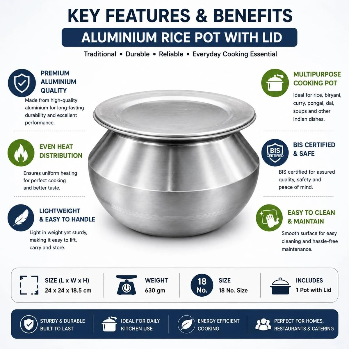 iINTELLIGENCEi Aluminium Handi Rice Pot with Lid, 18 No, 5.6 L, BIS, 1 Qty view 6