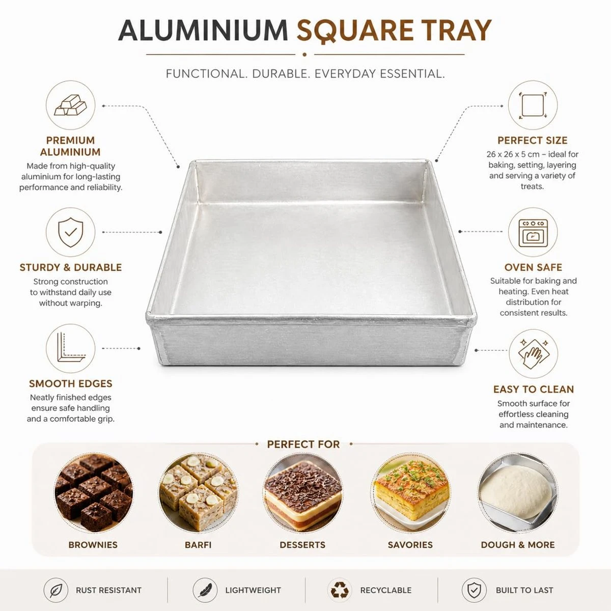 iINTELLIGENCEi Aluminium Square Cake Tray, 26 x 26 x 5 cm, 1 Qty view 2