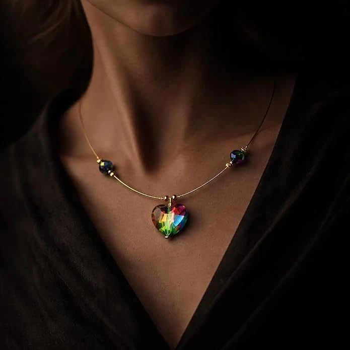 Invisible Chain Necklace, Single Layer, Multi-Colour Crystal Heart Pendant, Gold Tone, 1 Qty view 3