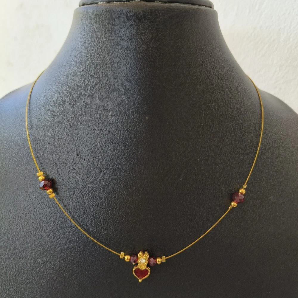 Invisible Chain Necklace, Single Layer, Red Crystal Beads, Heart Pendant, Gold Tone, 1 Qty view 1