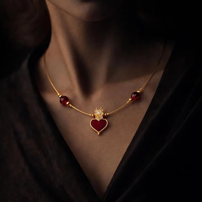 Invisible Chain Necklace, Single Layer, Red Crystal Beads, Heart Pendant, Gold Tone, 1 Qty view 2