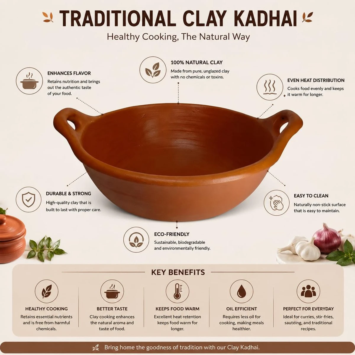 iINTELLIGENCEi Clay Kadhai Handi, 2.5 Liters, Cooking Pot, 1 Qty view 2
