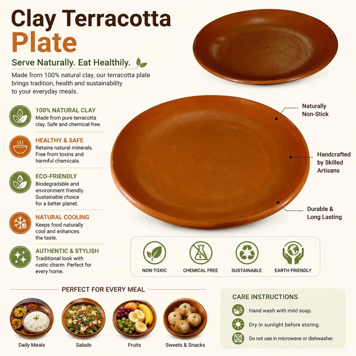 iINTELLIGENCEi Clay Dinner Plates, Terracotta Thali, 11 Inch, 28 cm, 2 Qty view 2