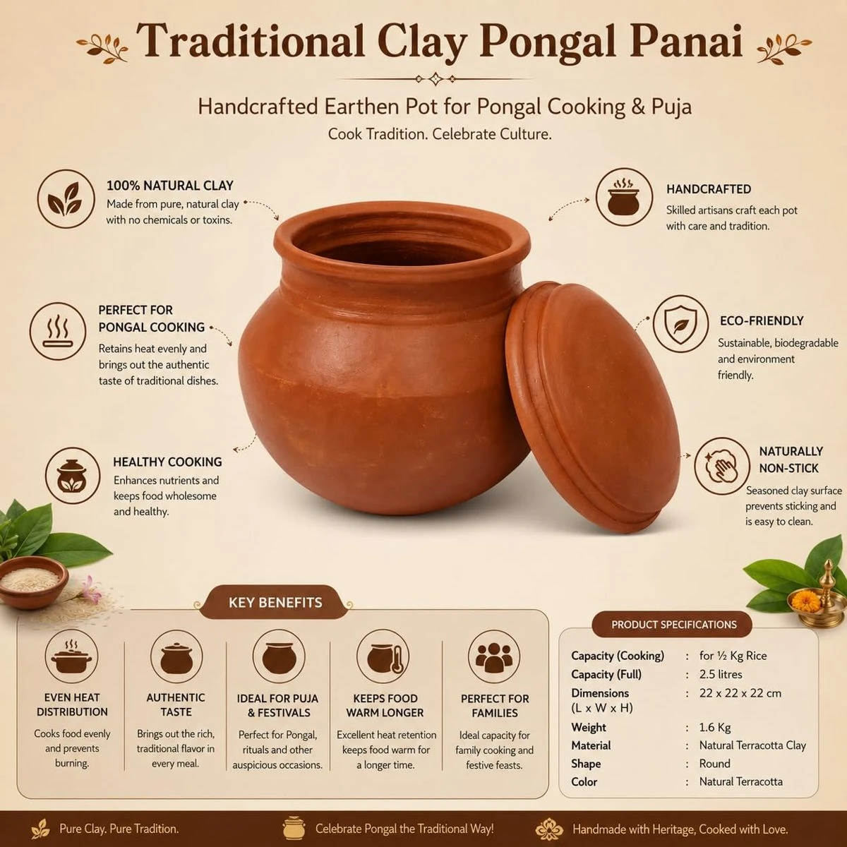 iINTELLIGENCEi Clay Pongal Pot with Lid, Pongal Panai, 2.5 Litre, 1 Qty view 7