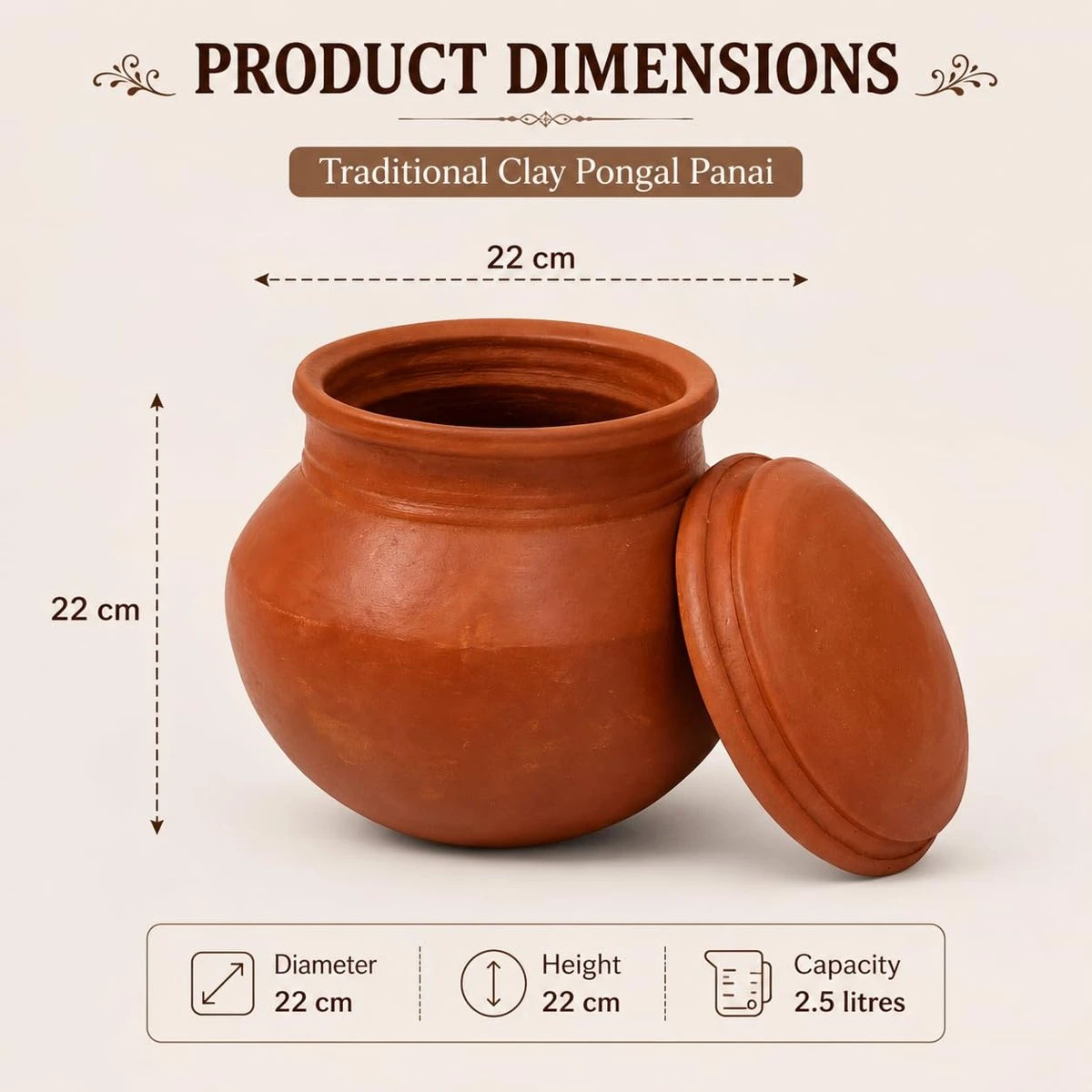 iINTELLIGENCEi Clay Pongal Pot with Lid, Pongal Panai, 2.5 Litre, 1 Qty view 2