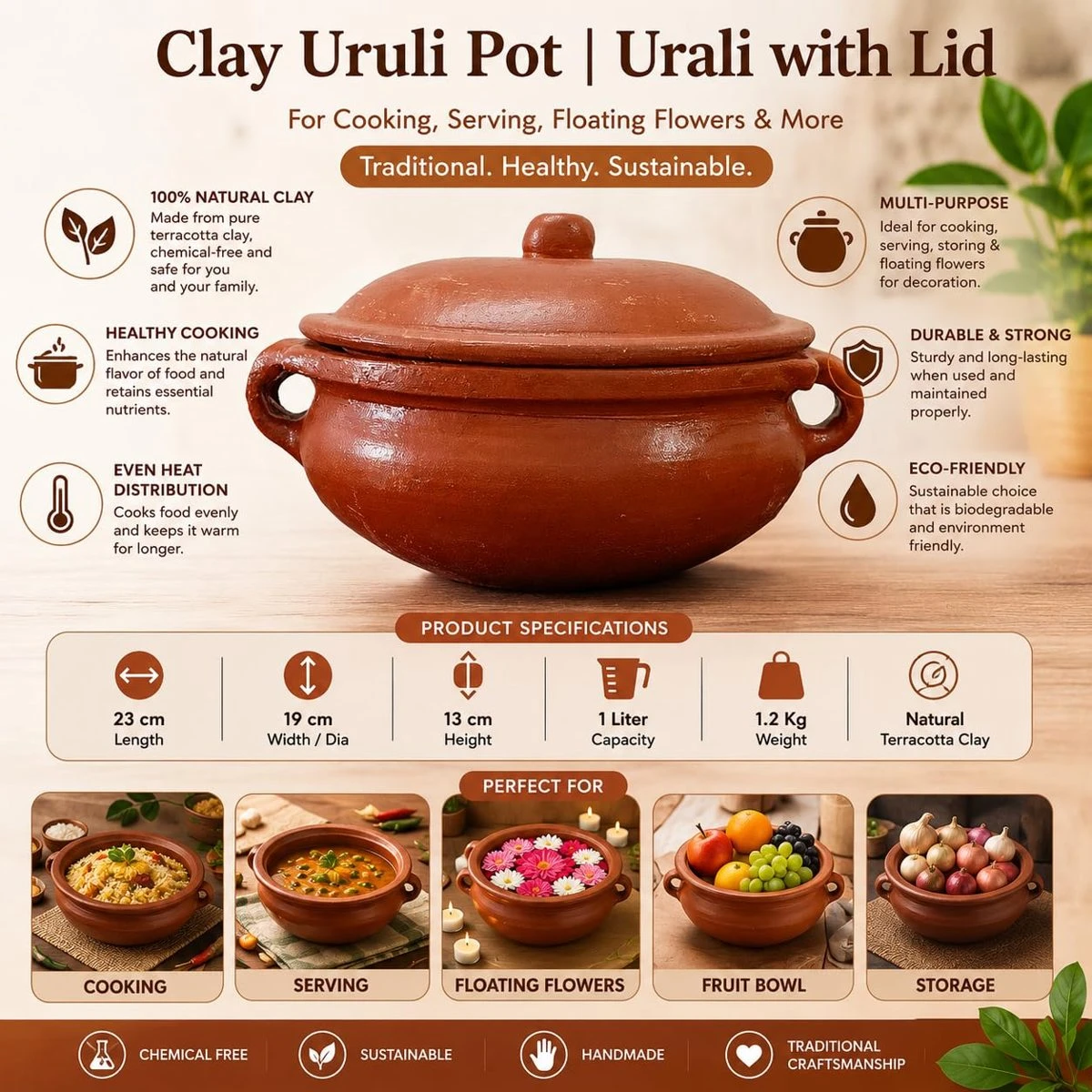 iINTELLIGENCEi Clay Uruli with Lid and Handles, 7 inch, 1 litre, 1 Qty view 2