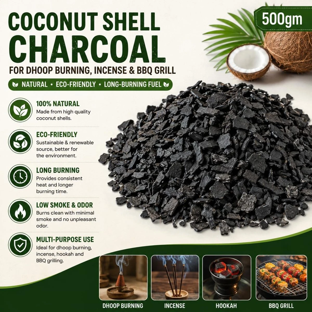 Coconut Shell Charcoal, 500 gm, 1 Qty view 2